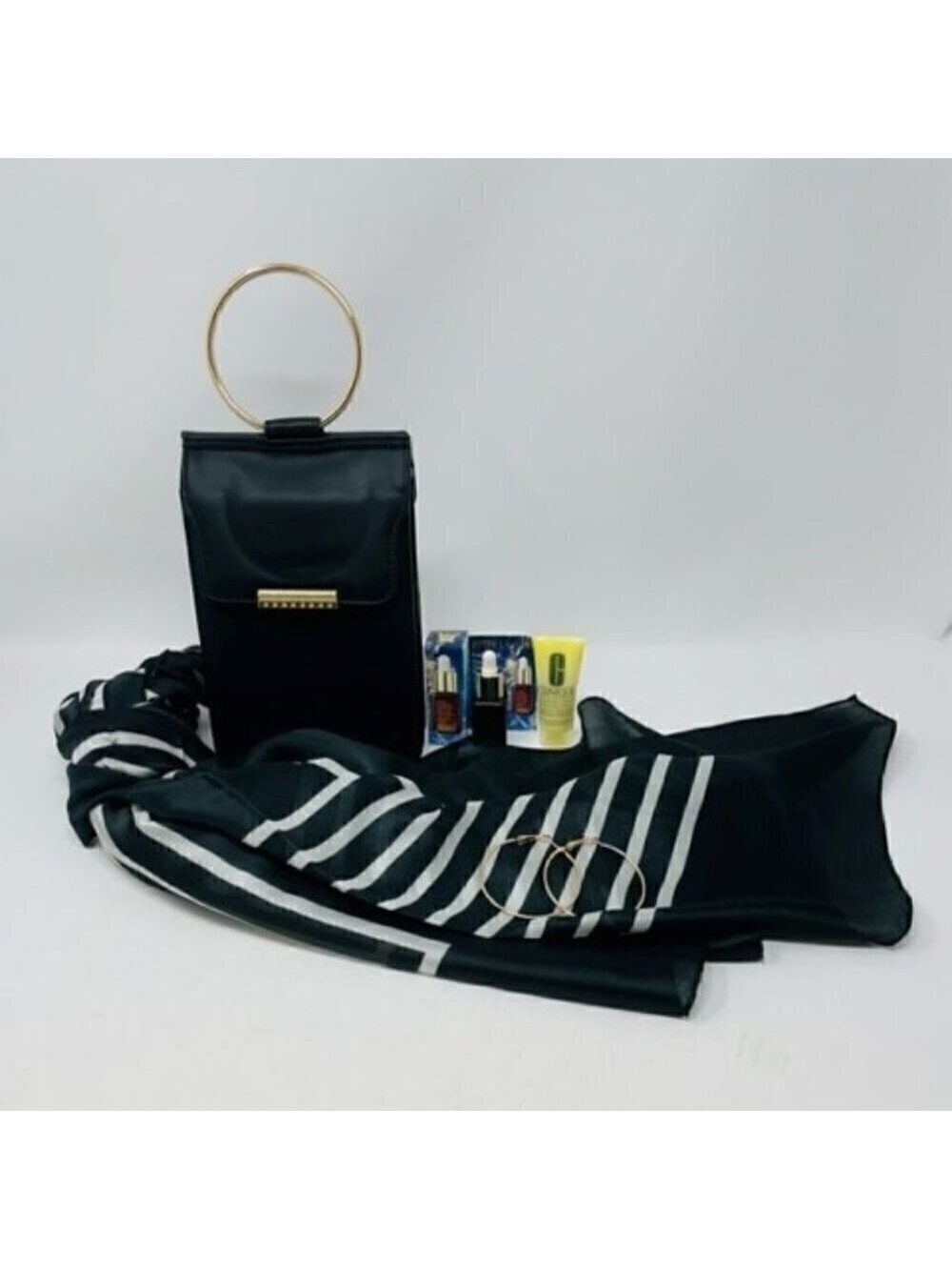 5 piece set- purse, scarf, earrings, Clinique moisturizer, ELauder serum